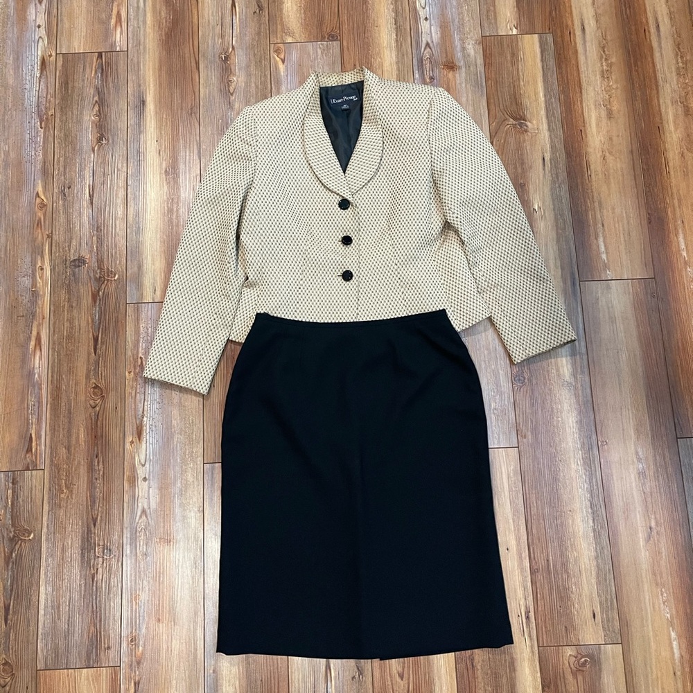 Two piece yellow patterned blazer and black pencil skirt